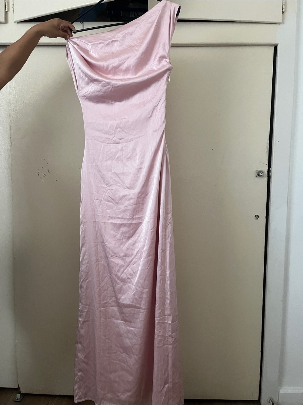 Peppermayo Light Pink One-Shoulder Satin Dress